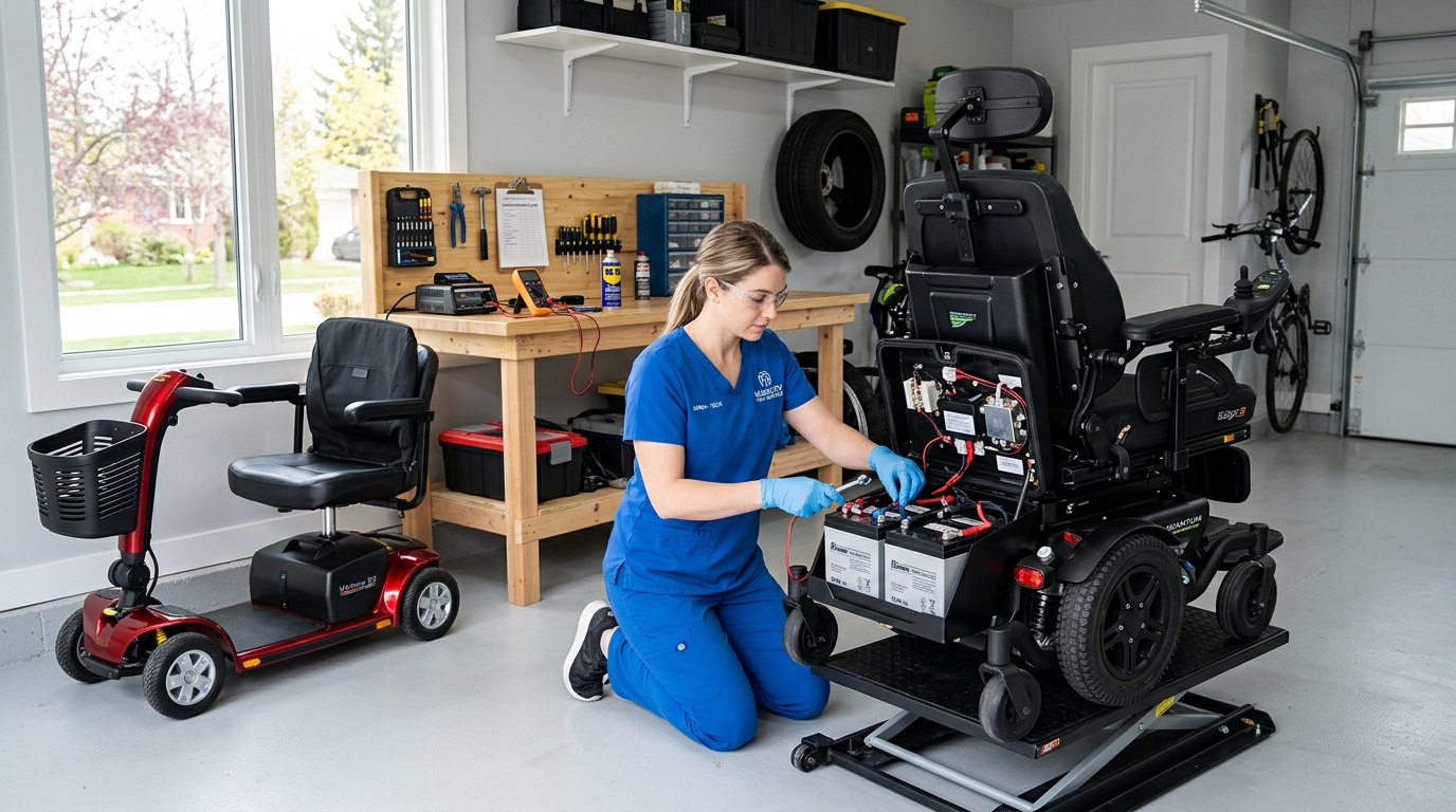 Technician inspecting power wheelchair and mobility scooter during spring maintenance in Canada